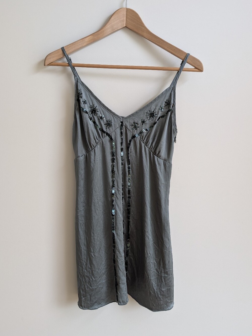 Y2K Jacob 100% Silk Babydoll Spaghetti Strap Sequin Top Seafoam Green Small